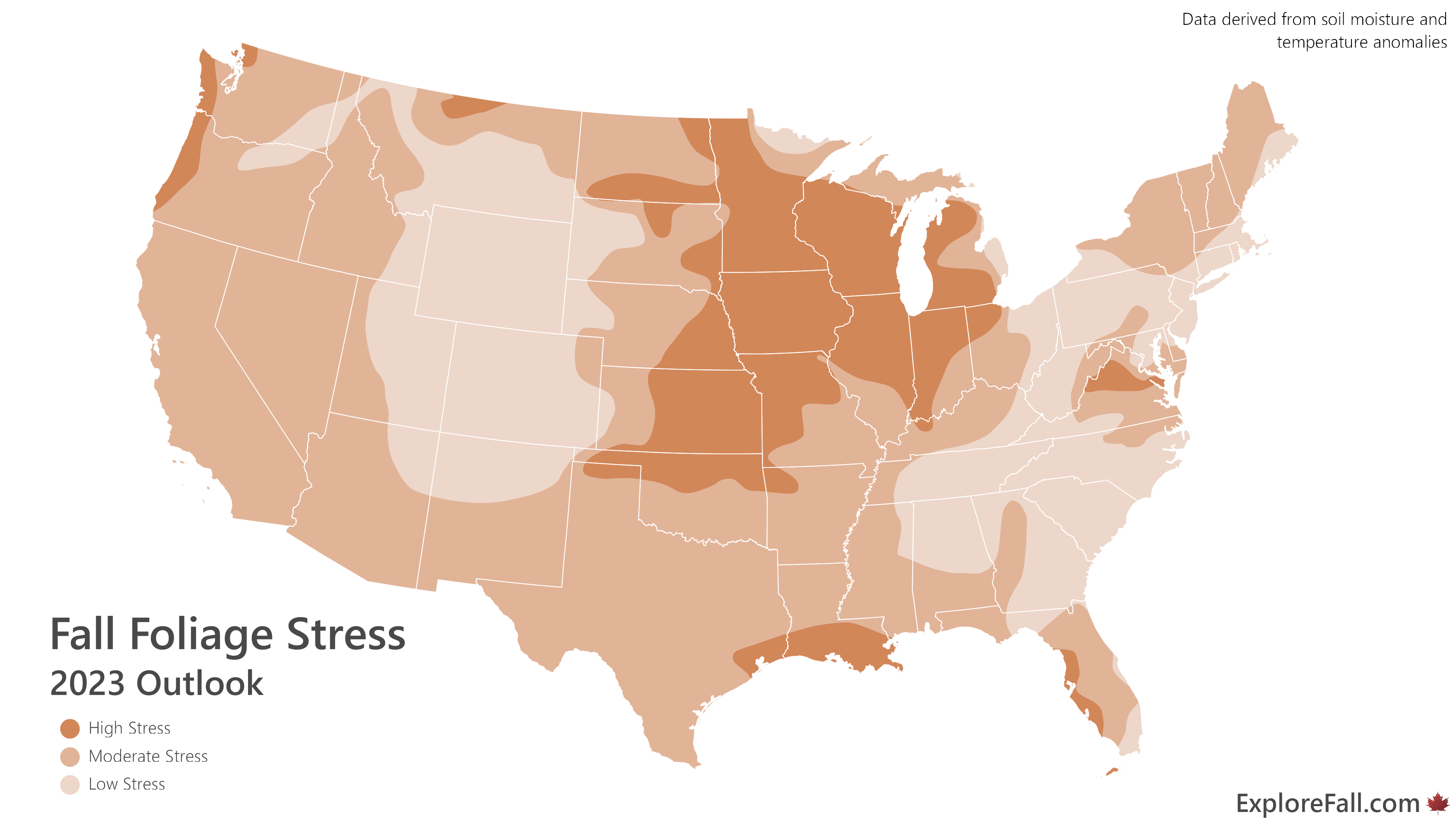 Map showing where fall foliage is likely to be abnormal this year.