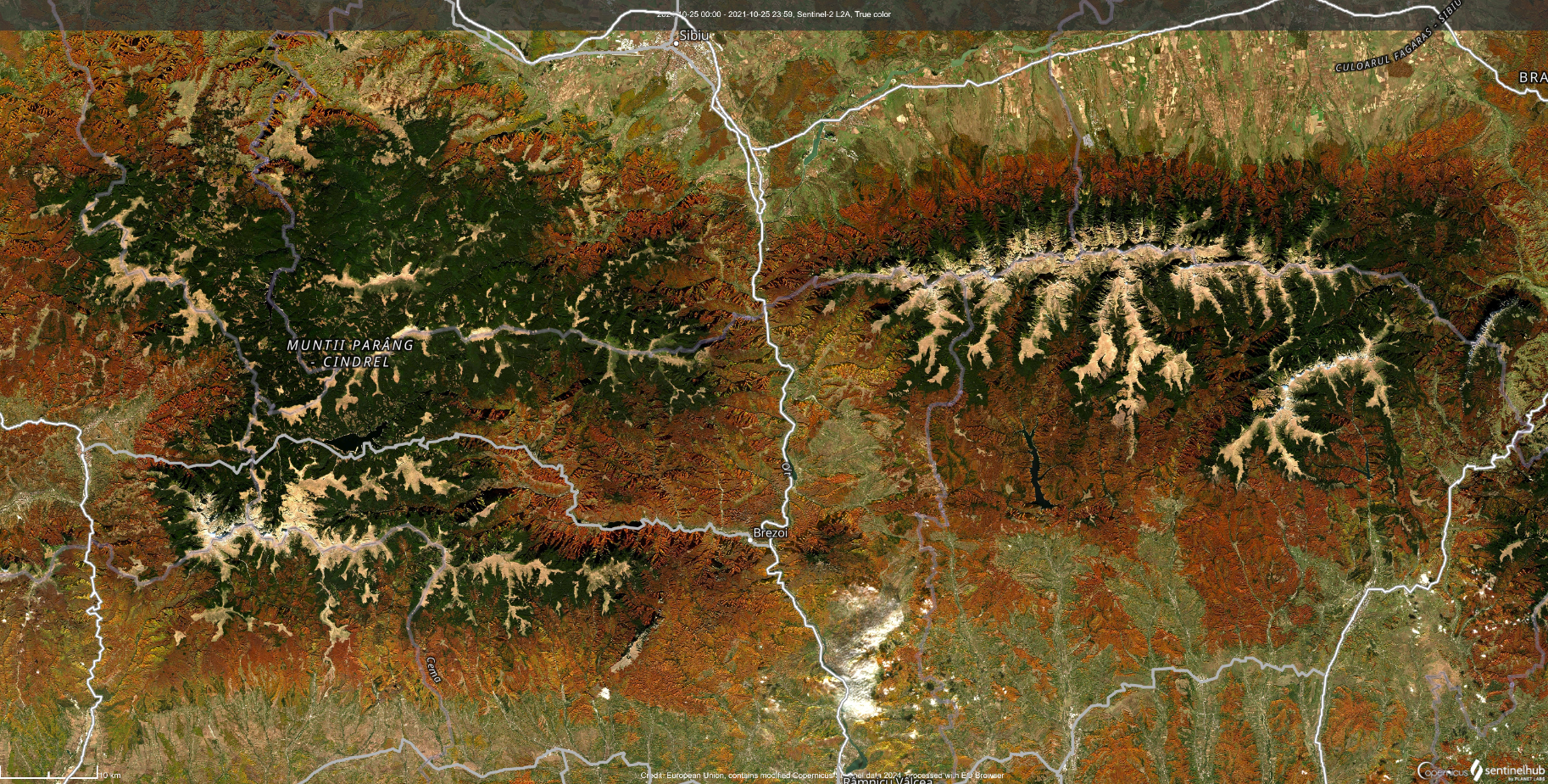 Satellite imagery of fall foliage in Romania