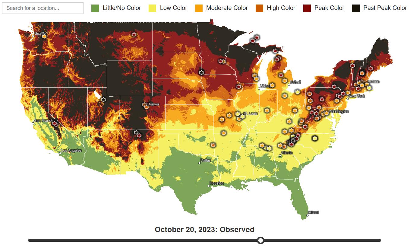 A Static map depicting fall foliage color in fall 2023